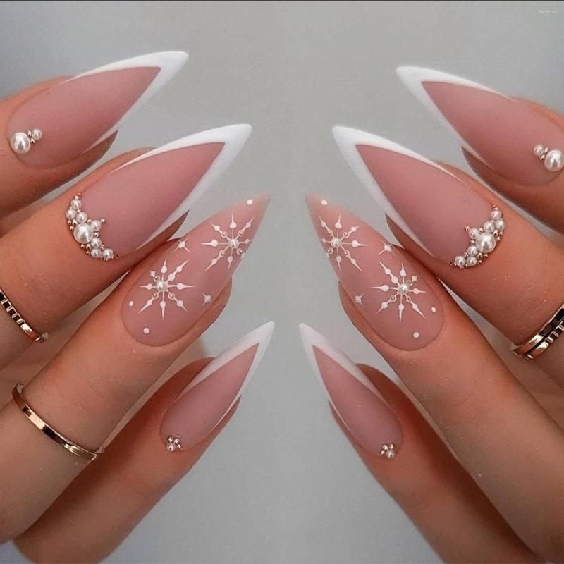 False Nails 24Pcs Pearl Snowflake Design With Glue Acrylic Matte Pink Long Almond Fake Fingernails Wearable Press On Nail Tips, Zz04
False Nails 24Pcs Pearl Snowflake Design With Glue Acrylic Matte Pink Long Almond Fake Fingernails Wearable Press On Nail Tips, Zz04