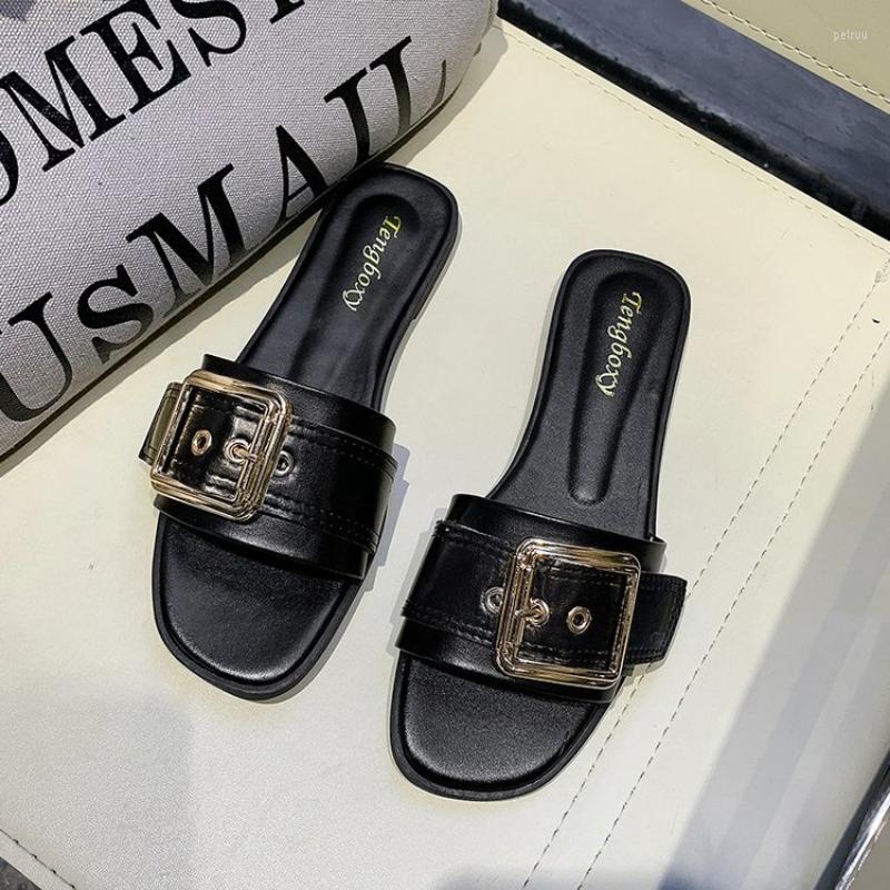Slippers 2023 Beach Women Shoes Large-sized For Summer Square Buckle One Line Flat Bottomed Outdoor Sandals Ladies, Black