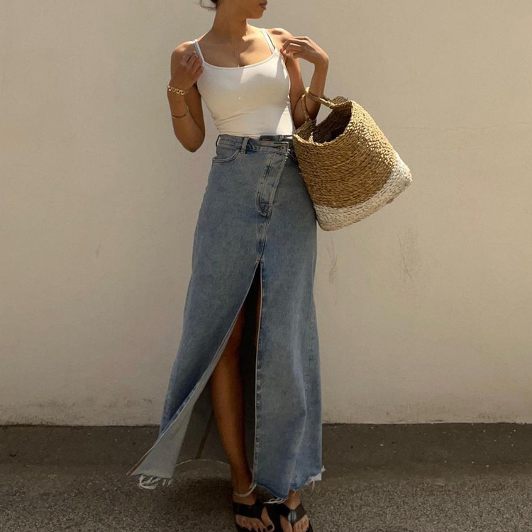Skirts Vintage Loose Chic For Women Elegant High Waist Office Lady Long Skirt Fashion Blue Denim Female Clothing