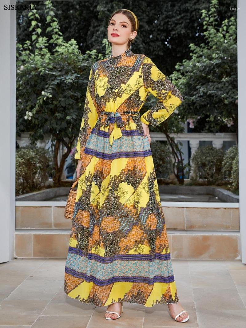 Casual Dresses Elegant Ethnic Floral Print Chiffon Long Dress Stand Collar Contrast Color Party With Belt Women Clothing, Yellow dress
Casual Dresses Elegant Ethnic Floral Print Chiffon Long Dress Stand Collar Contrast Color Party With Belt Women Clothing, Yellow dress