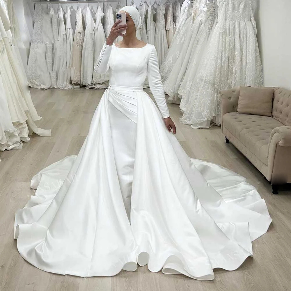 Muslim Mermaid Wedding Dresses 2023 O-Neck Satin Long Sleeve Islamic Bridal Gown Court Train Detachable Train Robe De Mariage, Silver
Muslim Mermaid Wedding Dresses 2023 O-Neck Satin Long Sleeve Islamic Bridal Gown Court Train Detachable Train Robe De Mariage, Silver