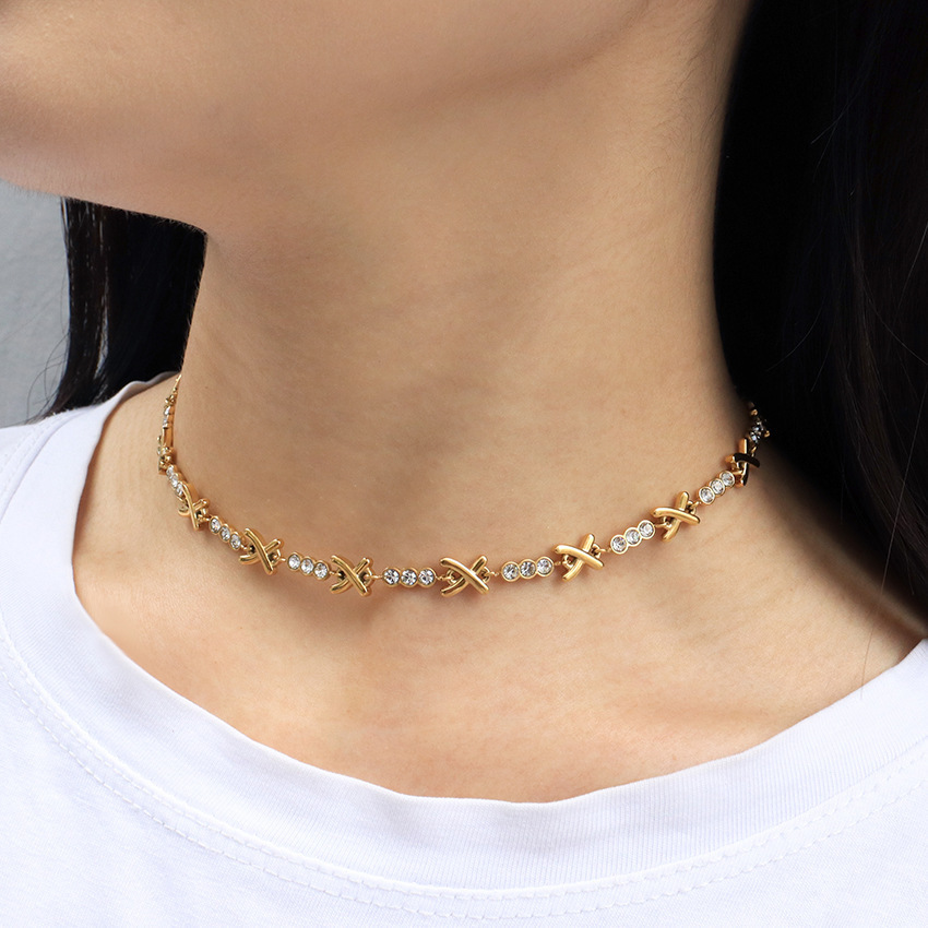 Pendant Necklaces Round cz stone X chain choker necklace for women stainless steel dainty minimalist french style high quality jewelry 230526