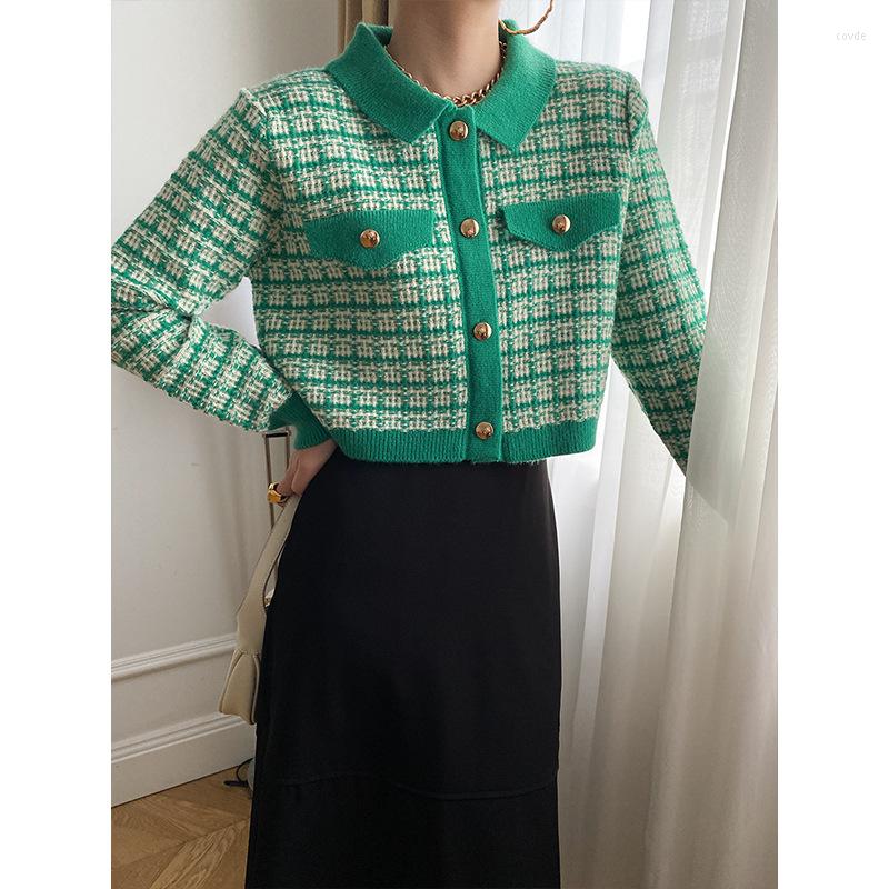 Women's Knits Women Spring Knitted Turn Down Collar Plaid Cardigans Long Sleeve Cute Short Sweater Outwear, Green
Women's Knits Women Spring Knitted Turn Down Collar Plaid Cardigans Long Sleeve Cute Short Sweater Outwear, Green