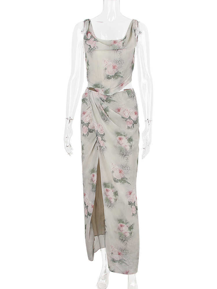 Summer Fashion Beach Vacation Split Maxi Dresses For Women Party Wear Elegant And Chic Floral Print 2 Piece Dress Sets