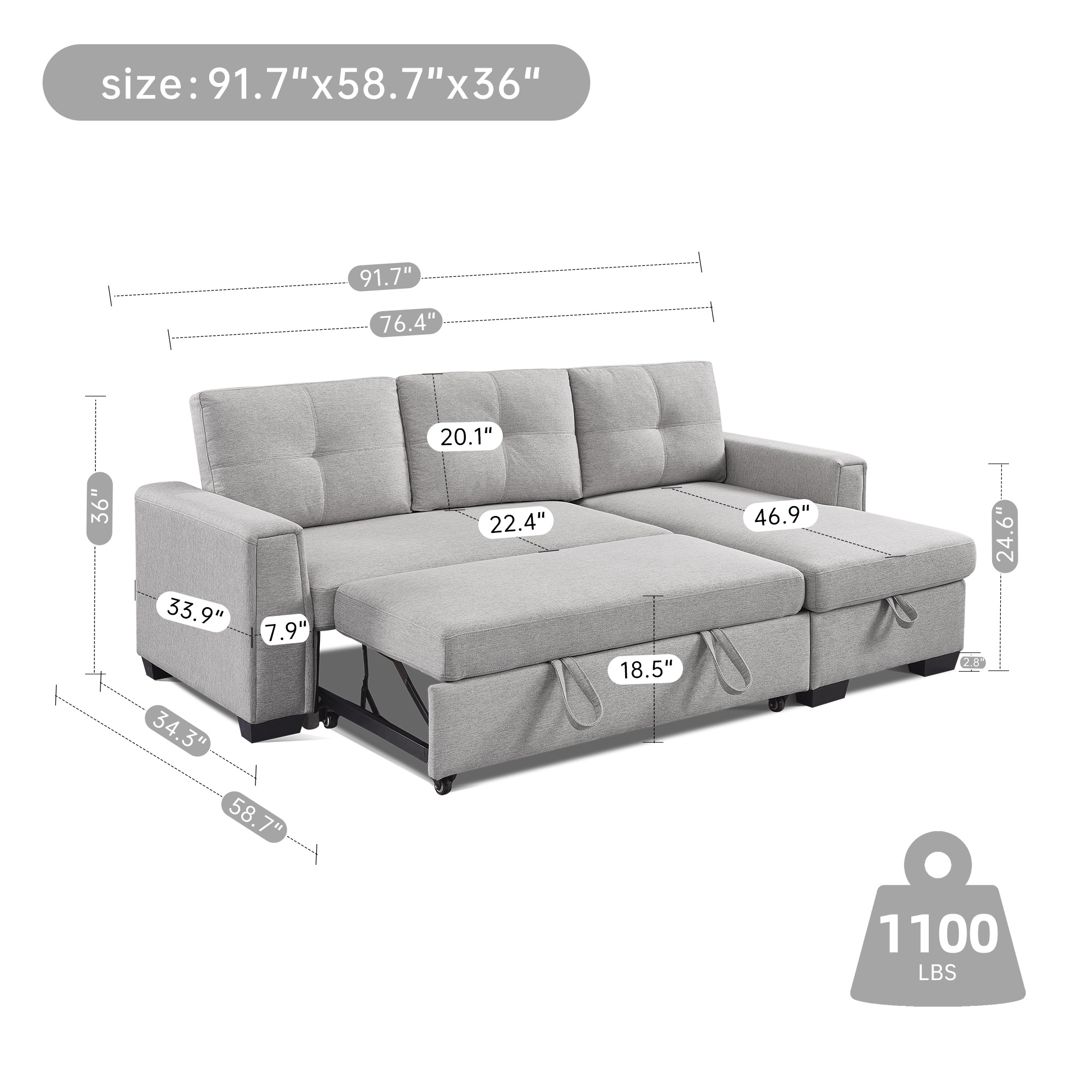 917 Inches Fabric Convertible Reversible Sleeper Sectional Sofa Couch with Storage Chaise Pull-Out Sleeper Bed L-Shape 3-Seater for Living Room Beige 