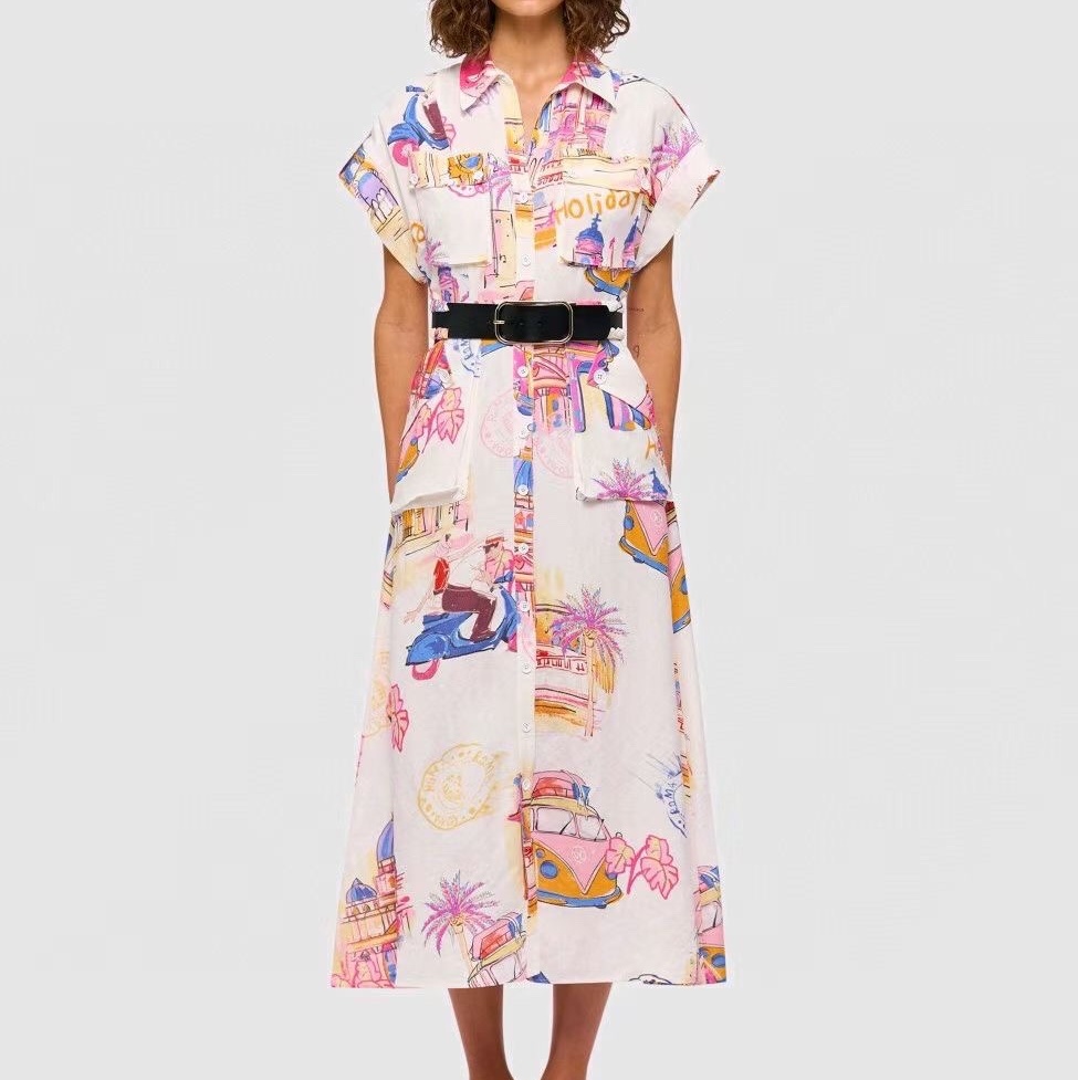 2023 designer dress women dresses Polo collar sleeveless double pocket lace up waist single breasted printed dress women clothing, Customize
2023 designer dress women dresses Polo collar sleeveless double pocket lace up waist single breasted printed dress women clothing, Customize