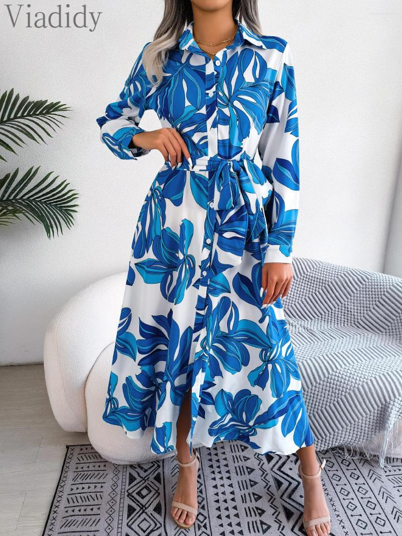 Casual Dresses Women Elegant Print Long Sleeve Button Front A-line Dress With Belt, Blue
Casual Dresses Women Elegant Print Long Sleeve Button Front A-line Dress With Belt, Blue