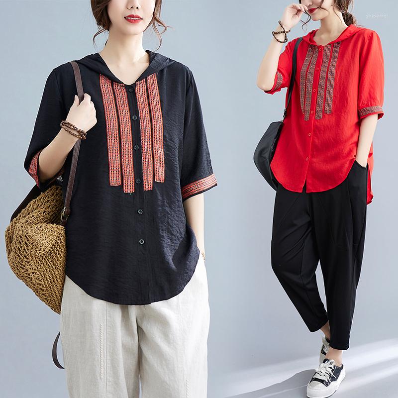 Women's Blouses Top Summer Fashion Embroidered Cotton Linen Shirt Women's Short Sleeve Loose Hooded, Black
Women's Blouses Top Summer Fashion Embroidered Cotton Linen Shirt Women's Short Sleeve Loose Hooded, Black