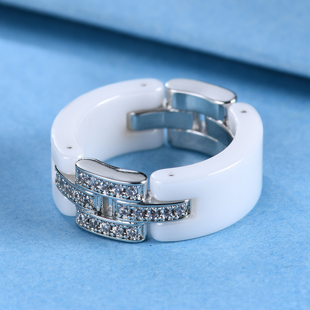 Elegant Black White Ceramic Chain Ring for Men Women Stainless Steel Austrian Crystal Porcelain Rings Wedding Jewelry Gift