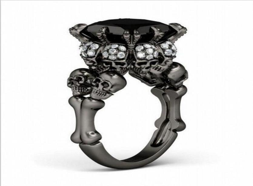 Brand Punk Jewelry Skull 10KT Black Gold Filled Demon Princess 5CT Black Sapphire Cocktail Wedding Bands Ring for Women Men6141083
