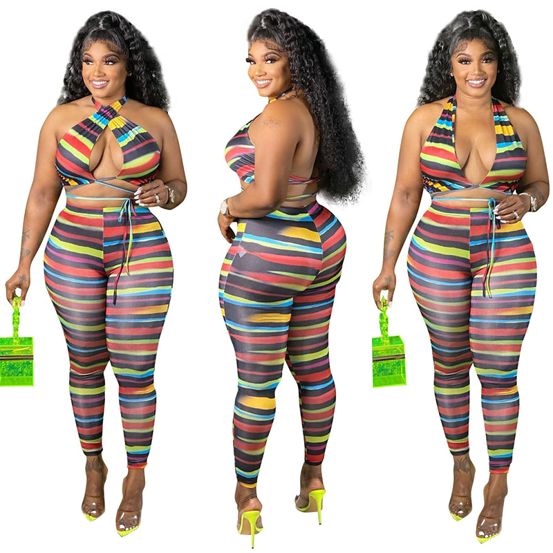 Summer Women's Fashion and Sexy Two Piece Pants Hollowed Out Suspender Tops Color Printed Leggings Slim Dress, Color stripe
Summer Women's Fashion and Sexy Two Piece Pants Hollowed Out Suspender Tops Color Printed Leggings Slim Dress, Color stripe