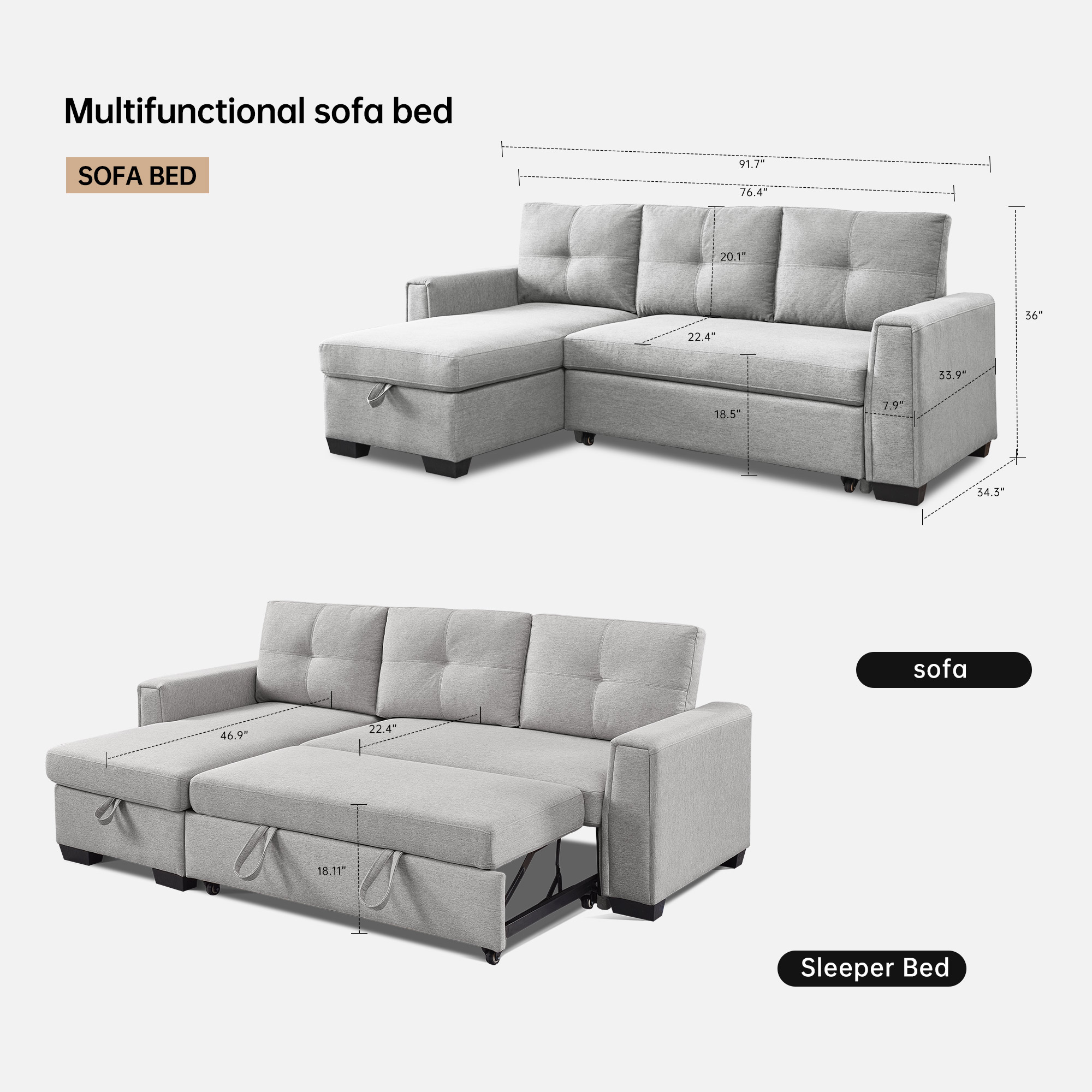 917 Inches Fabric Convertible Reversible Sleeper Sectional Sofa Couch with Storage Chaise Pull-Out Sleeper Bed L-Shape 3-Seater for Living Room Beige 