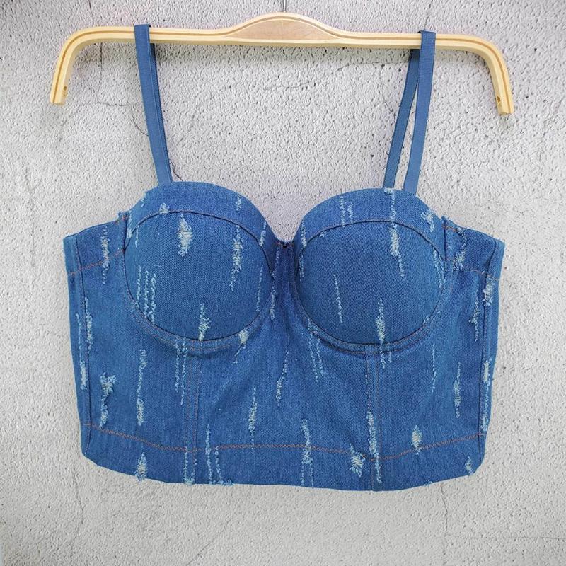 

Women' Tanks Cupnaya Women Denim Blue Distressed Crop Top Spaghatti Strap Sexy Push Up Bustier Summer Short Cami Corset Bralette Clubwear