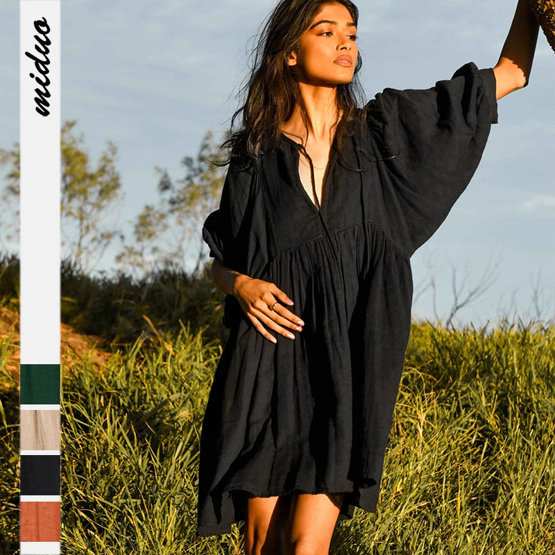 Spring and summer hot selling womens casual dress Plus sizes solid color seven sleeves lantern sleeve loose pleated one-piece skirts for girls 2023 new fashion, Black
Spring and summer hot selling womens casual dress Plus sizes solid color seven sleeves lantern sleeve loose pleated one-piece skirts for girls 2023 new fashion, Black