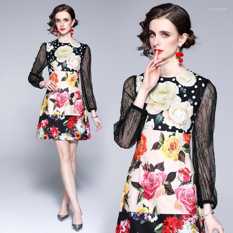 Casual Dresses Fashion Rose Print Stitching Lace Long-sleeved Slim Midi Dress Frence Vintage Women Elegant Luxury Designer
Casual Dresses Fashion Rose Print Stitching Lace Long-sleeved Slim Midi Dress Frence Vintage Women Elegant Luxury Designer