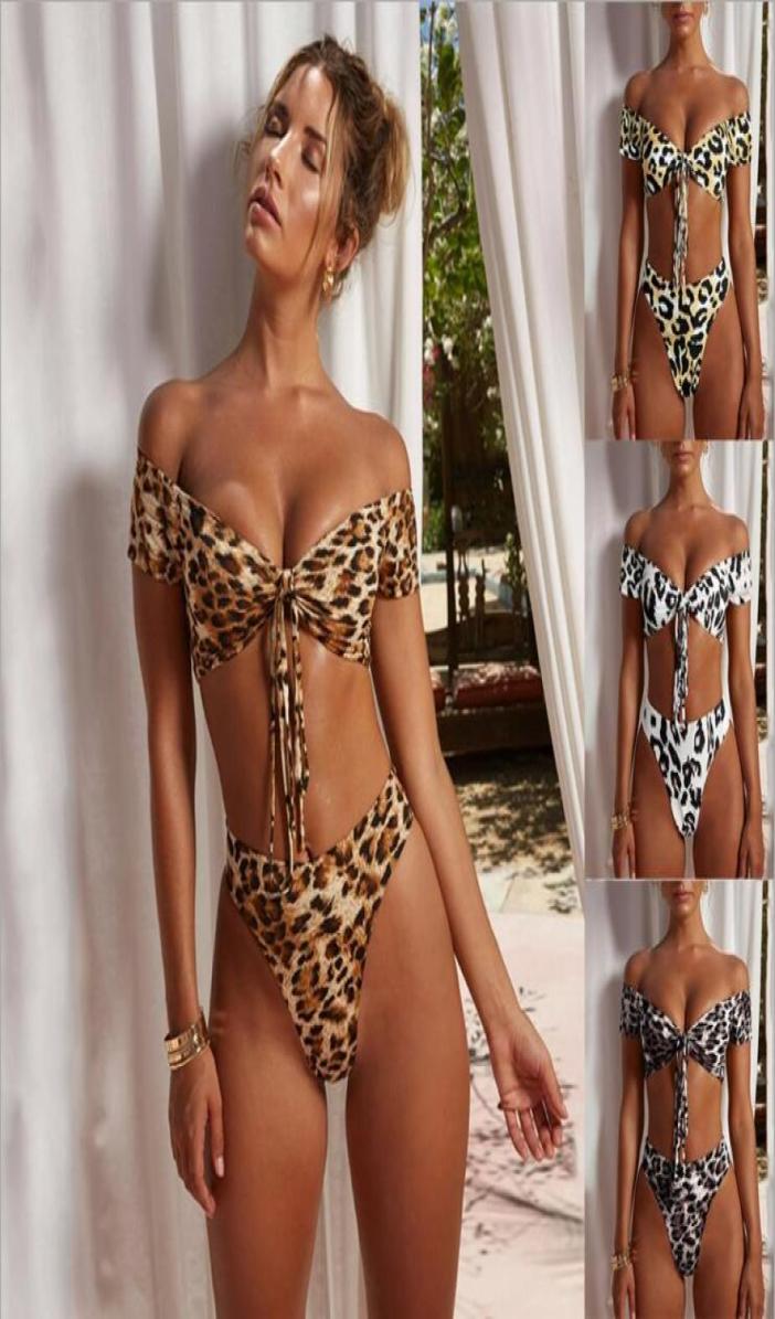 Sexy High Waist Thong Bikini Swimwear Leopard Bandage String Back Swimsuits Two Piece Bathing Suits Tankini6904836