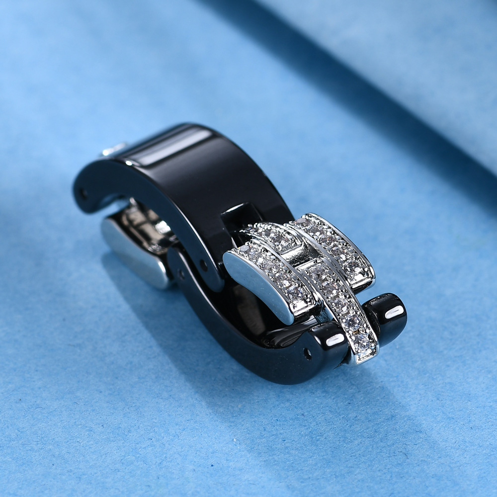 Elegant Black White Ceramic Chain Ring for Men Women Stainless Steel Austrian Crystal Porcelain Rings Wedding Jewelry Gift