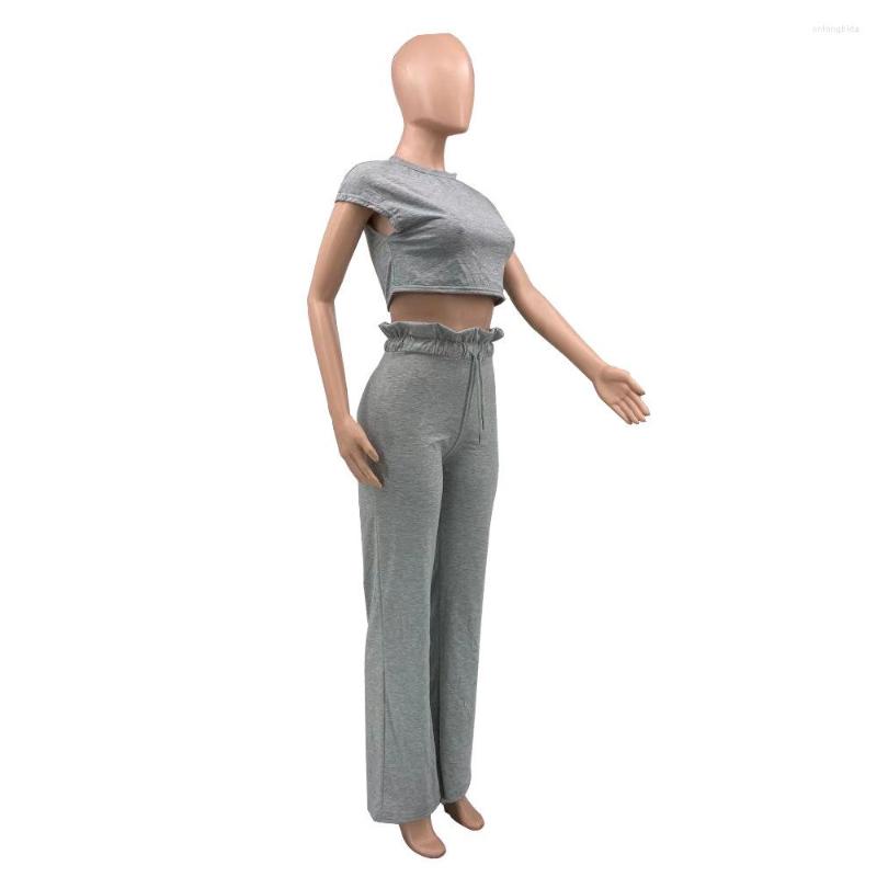 Women's Polyester Short Sleeve Crop Top & Wide Leg Pants Set - Casual, Sexy, High Waist, Gray/Black B1