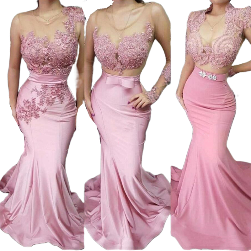 Modern Satin Mermaid Prom Dresses Lace Appliques Sheer Neck 3 Styles Pink Long Evening Gowns For Women Illusion Charming Birthday Party Special Occasi