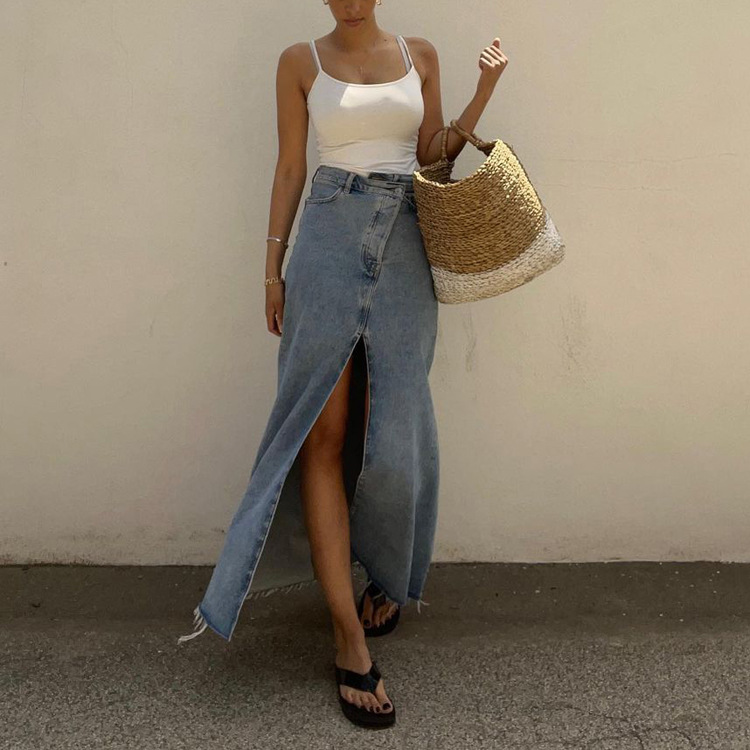 Skirts Vintage Loose Chic For Women Elegant High Waist Office Lady Long Skirt Fashion Blue Denim Female Clothing