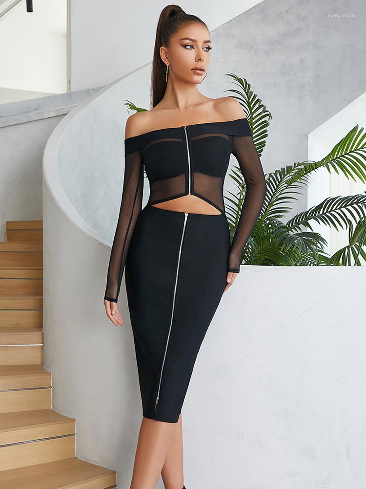 Casual Dresses Fashion Women Long Sleeve Off Shoulder Black Bandage Sexy Slash Neck Mesh Patchwork Zippers Bodycon Party Midi Dress
Casual Dresses Fashion Women Long Sleeve Off Shoulder Black Bandage Sexy Slash Neck Mesh Patchwork Zippers Bodycon Party Midi Dress