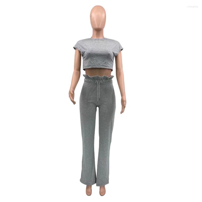 Women's Polyester Short Sleeve Crop Top & Wide Leg Pants Set - Casual, Sexy, High Waist, Gray/Black B1