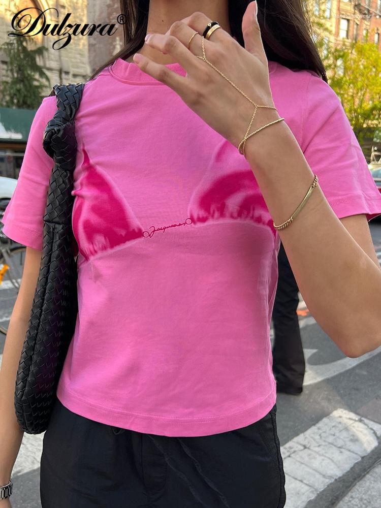 Women's Summer Short Sleeve O Neck Bikini Print T Shirt Sexy Streetwear Casual Polyester T-Shirt 2024 Rose Red B3