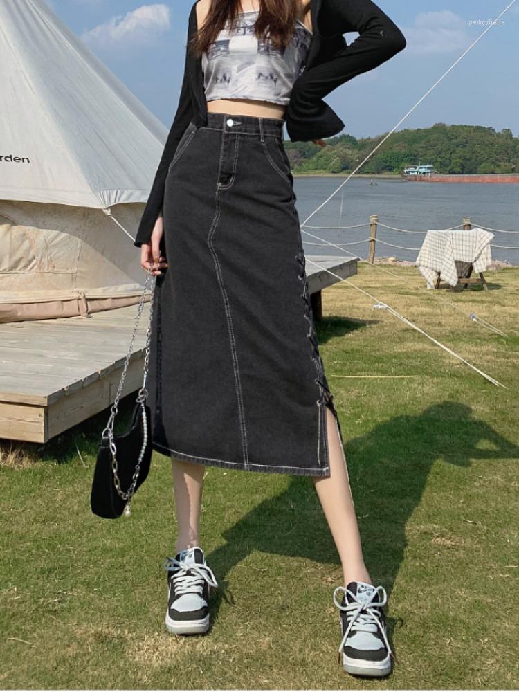 Skirts DEEPTOWN Vintage Denim Skirt With A Slit High Waist A-line Slim Bandage Korean Fashion Jeans Long Women Summer Casual, Grey
Skirts DEEPTOWN Vintage Denim Skirt With A Slit High Waist A-line Slim Bandage Korean Fashion Jeans Long Women Summer Casual, Grey