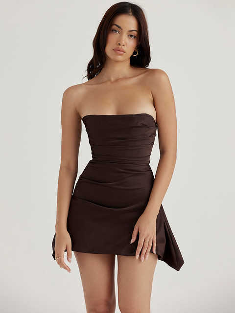 Elegant Double Layered Satin Mini Dress Strapless Summer 2022 Holidays Outfits Partywear Birthday Dress For Women