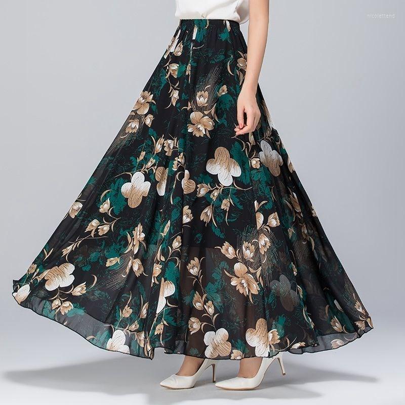 Skirts Womens 2023 Summer Casual Elastic High Waist A-Line Long Korean Elegant Bohemia Big Swing Chiffon Midi Beach Skirt