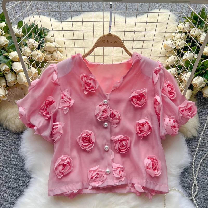 Women's Blouses Summer French Retro Three-dimensional Floral Mesh Shirt Design With Romantic Bubble Sleeve Top, Pink
Women's Blouses Summer French Retro Three-dimensional Floral Mesh Shirt Design With Romantic Bubble Sleeve Top, Pink