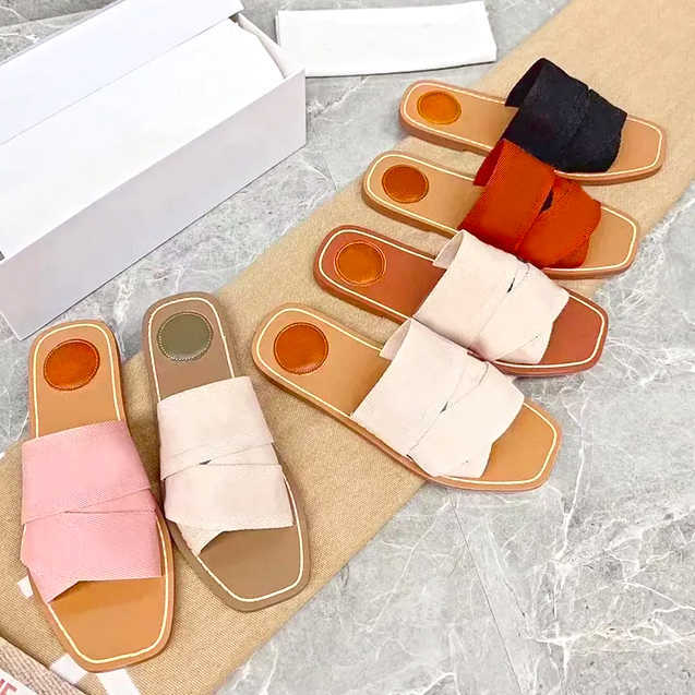 

Woody Retro Women Designer Sandals Summer Beach Calfskin Canvas Cross Straps Flat Sandal Outdoor Leather Sole Slides With Box NO290