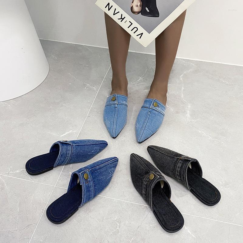Slippers Denim Pointed Toe Flat Sole Solid Korean Style Fashion Outdoors Oversized Women Shoes Chaussures Femmes, Black 
Slippers Denim Pointed Toe Flat Sole Solid Korean Style Fashion Outdoors Oversized Women Shoes Chaussures Femmes, Black
