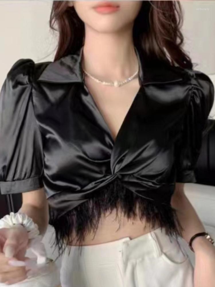 Women' Blouses Satin Cropped Top Feathers Tassels Blouse 2023 Summer Sexy Tees Korean Fashion T-shirts Slim V-neck Shirt Women, Black
Women' Blouses Satin Cropped Top Feathers Tassels Blouse 2023 Summer Sexy Tees Korean Fashion T-shirts Slim V-neck Shirt Women, Black