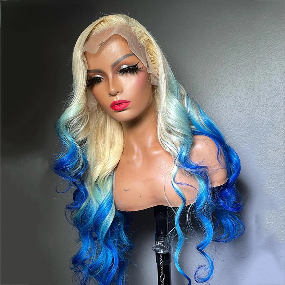 Free shipping Brazilian 13x4 Blonde Ombre Blue Front Wigs For Women Body Wave Short Silation Human Hair HD Lace Frontal Wig