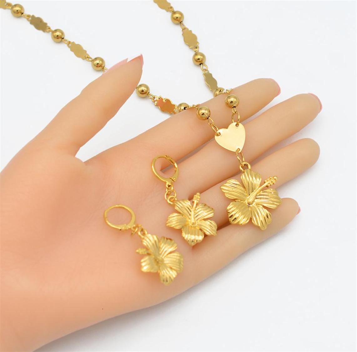 Flower Anniyo Hawaiian Jewelry Sets Pendant Necklaces Earrings Women Girls Gold Color Micronesia Guam Chuuk Kwajalein 213106 EJFA