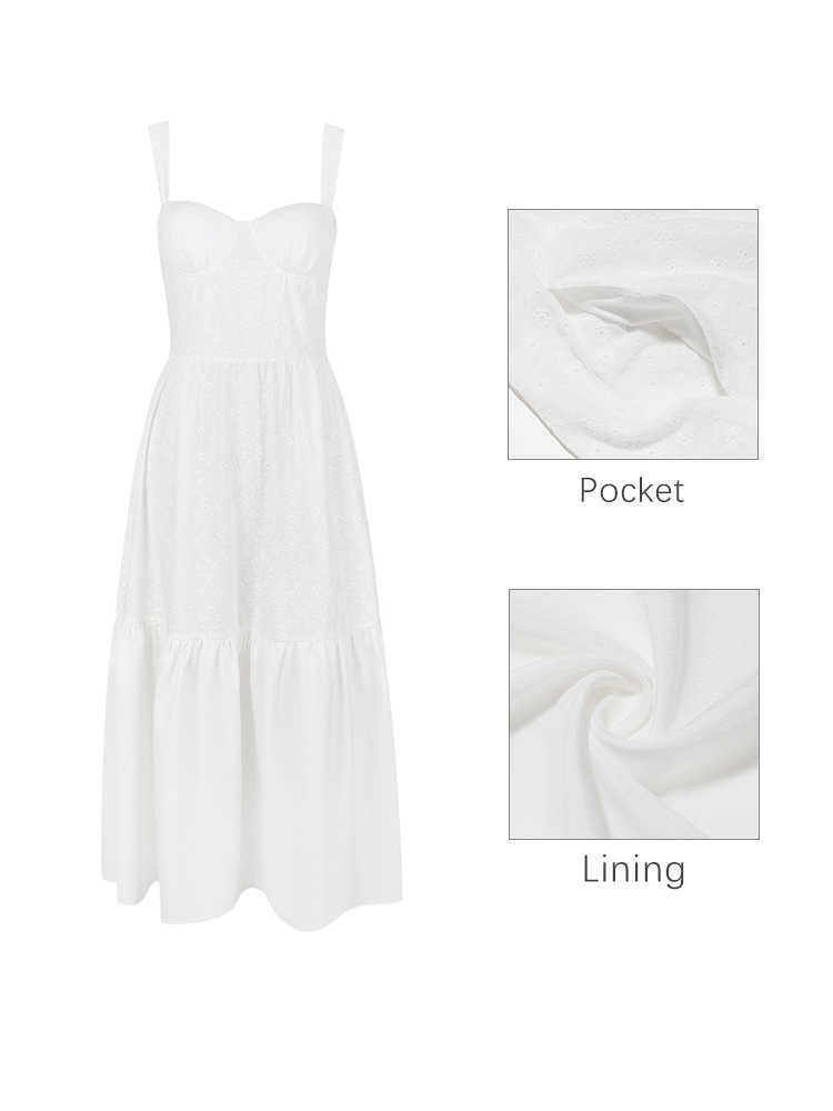 White Broderie Anglaise Sundress Women Elegant Holiday Beach Wear Summer Midi Dress