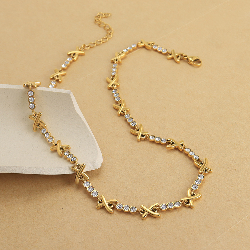 Pendant Necklaces Round cz stone X chain choker necklace for women stainless steel dainty minimalist french style high quality jewelry 230526