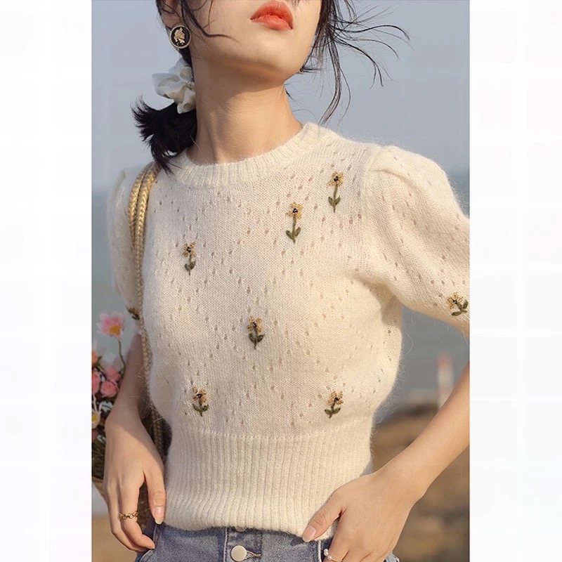 Womens summer short puff sleeve o-neck embroidery flower knitted tees shirt tops SMLXL