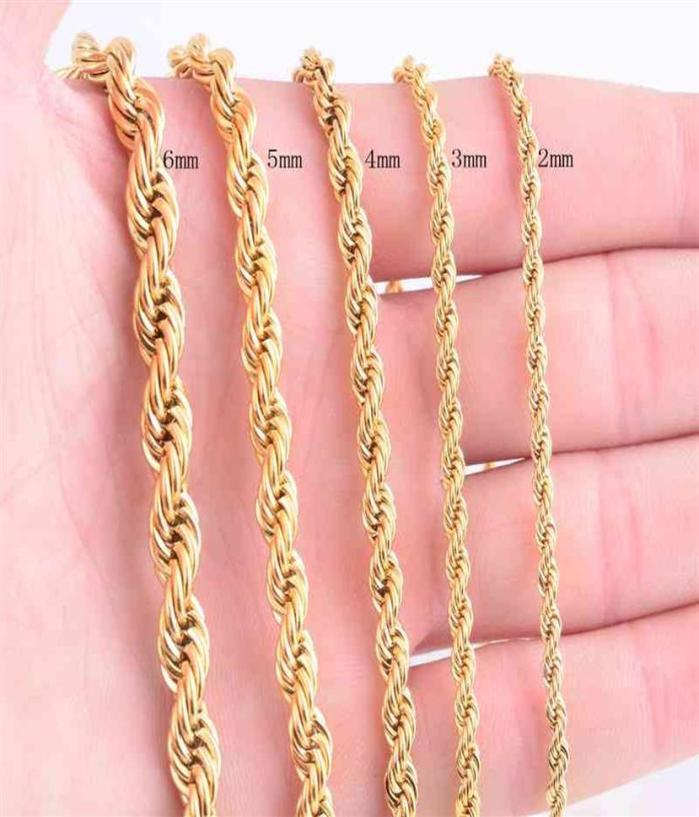 High Quality Gold Plated Rope Chain Stainls Steel Necklace For Women Men Golden Fashion ed Rope Chains Jewelry Gift 2 3 4 5 6 7mm3