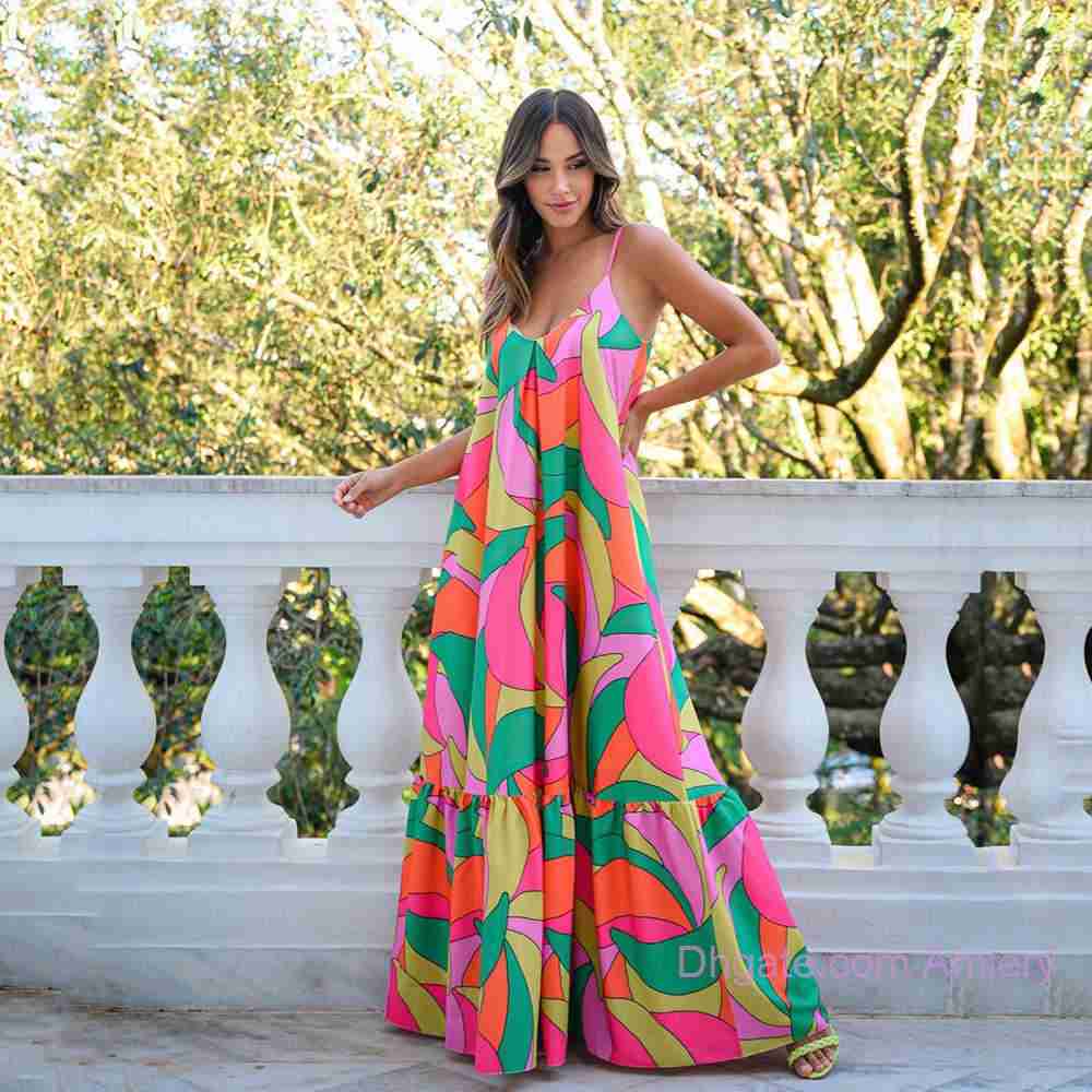 Plus Size 3xl Summer Long Dress Designer Dress Women Fashion Deep V-neck Halter Backless Sexy Maxi Dress Floral Strap Skirt Dresses