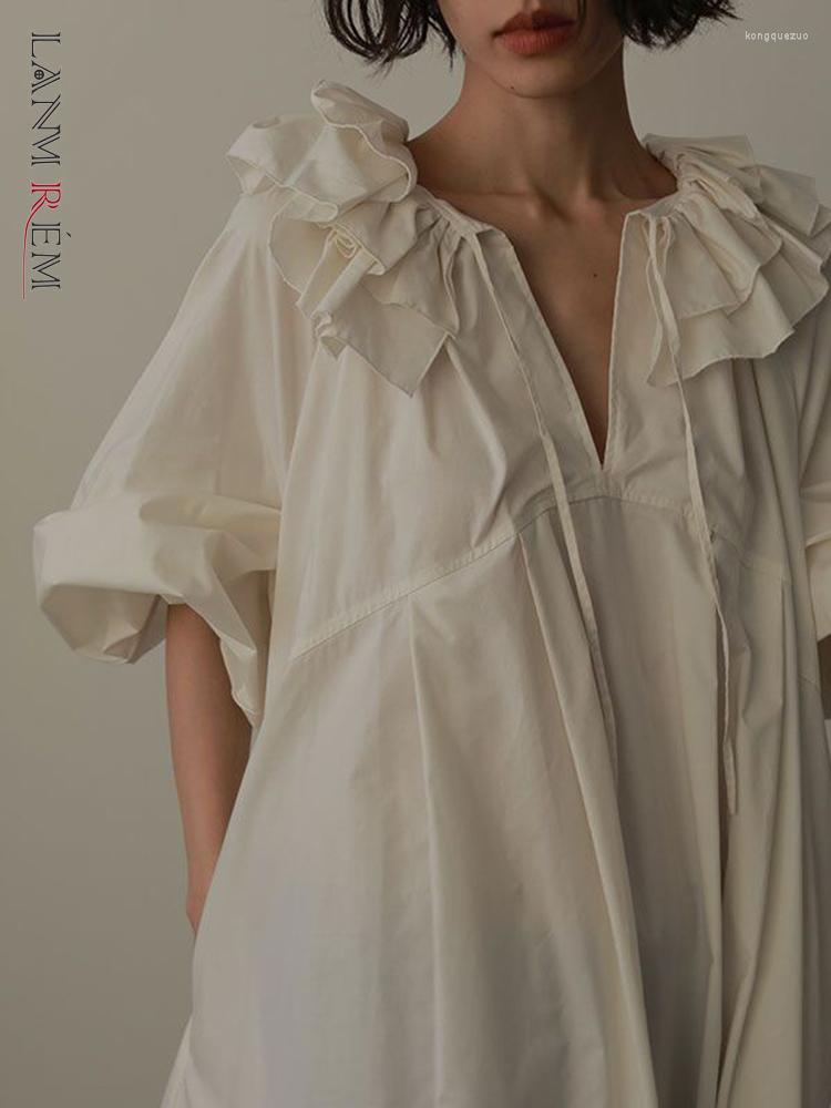 

Casual Dresses LANMREM Designer Dress For Women V-neck Long Lantern Sleeves A-line Solid Spliced Female Clothing 2023 2YA1223, Black
