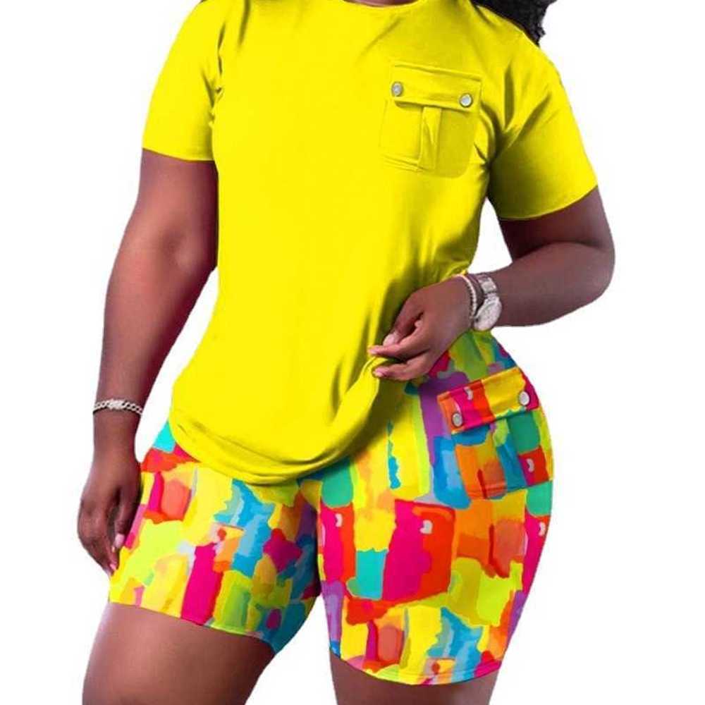 2023 Summer Women Tracksuits Fashion Casual Printing Short Sleeve Top And Shorts With Pocket Set 13 Colours