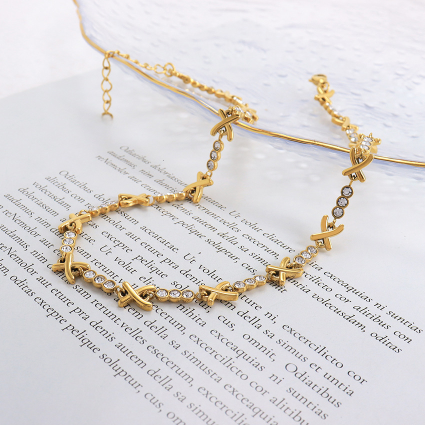 Pendant Necklaces Round cz stone X chain choker necklace for women stainless steel dainty minimalist french style high quality jewelry 230526