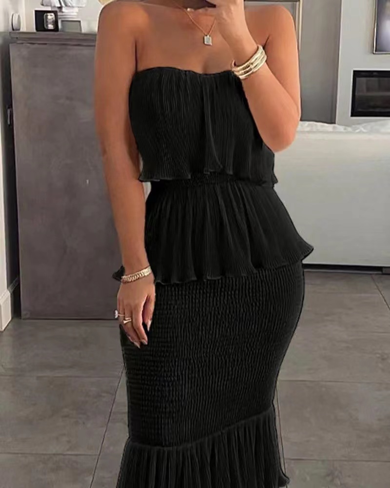 Euro-Chic Ruffle Maxi Dress: Vacation-Ready Elegance In Blue