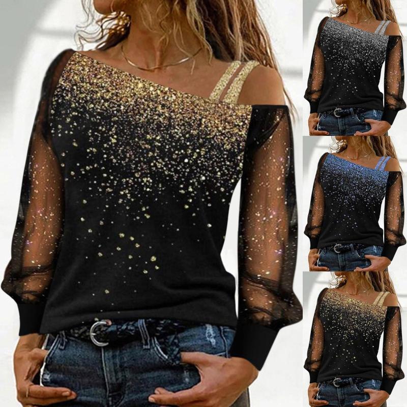 Women' Blouses Sleeve Mesh Cold Tops Loose Shoulder Sequin T Shirt Casual Long Print Splice Women Blouse Women' Chemisier Femme Bluzka, Blue
Women' Blouses Sleeve Mesh Cold Tops Loose Shoulder Sequin T Shirt Casual Long Print Splice Women Blouse Women' Chemisier Femme Bluzka, Blue