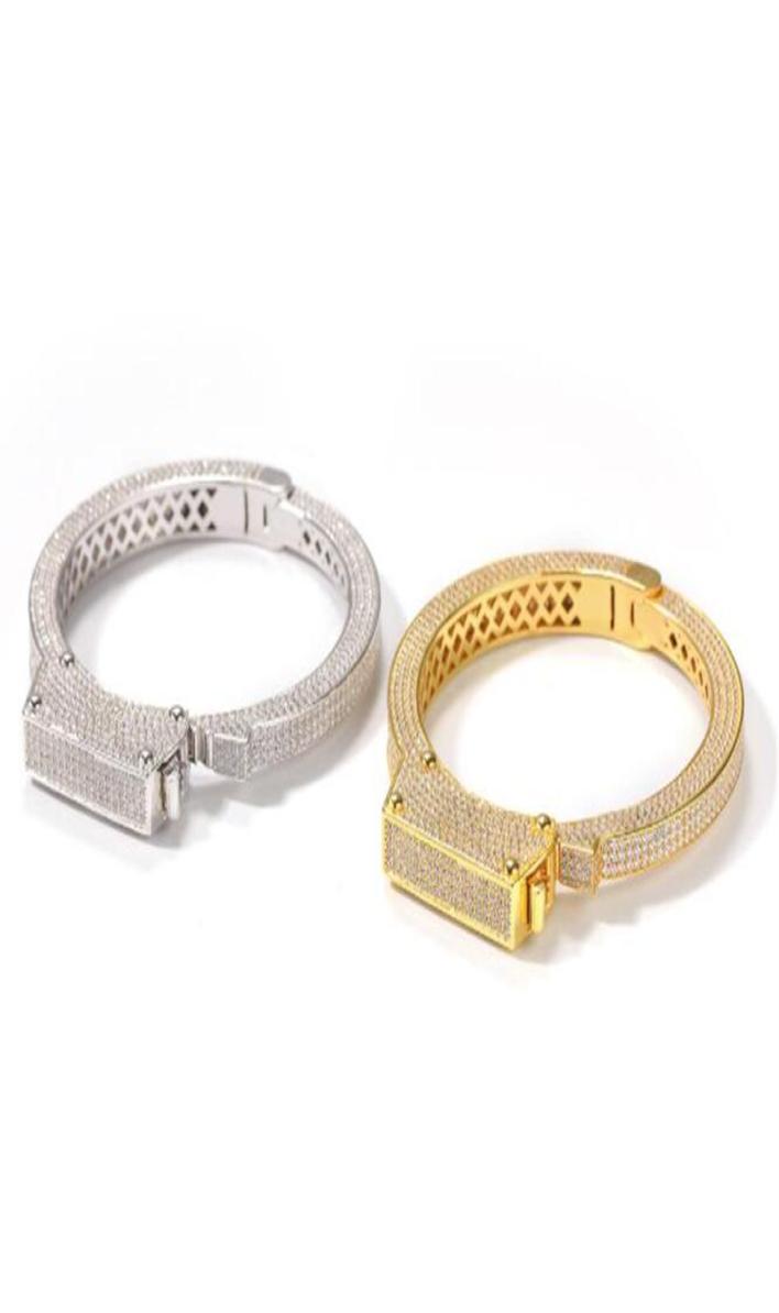 Hip Hop AAA Cubic Zirconia Paved Bling Ice Out Open Link Cuff Bangle Men Women Gold Color Lover Handcuff Bracelets Rapper Jewelry3