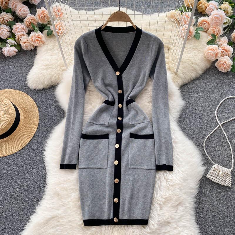 Casual Dresses Black Grey Knitting Sweater Bodycon Dress Women Autumn V-Neck Single Breasted Long Sleeve Slim Vintage Robe Female Mini
Casual Dresses Black Grey Knitting Sweater Bodycon Dress Women Autumn V-Neck Single Breasted Long Sleeve Slim Vintage Robe Female Mini