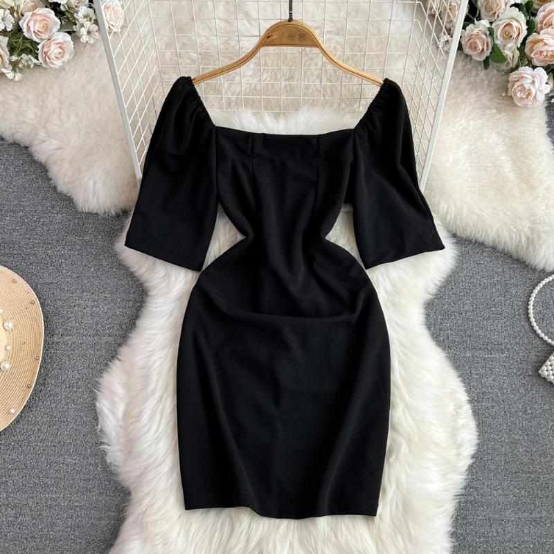 

Party Dresses 2023 Summer French Fashion Bubble Short Sleeve Square Neck Waist Wrapped Solid Hip Wrap Dress, Black