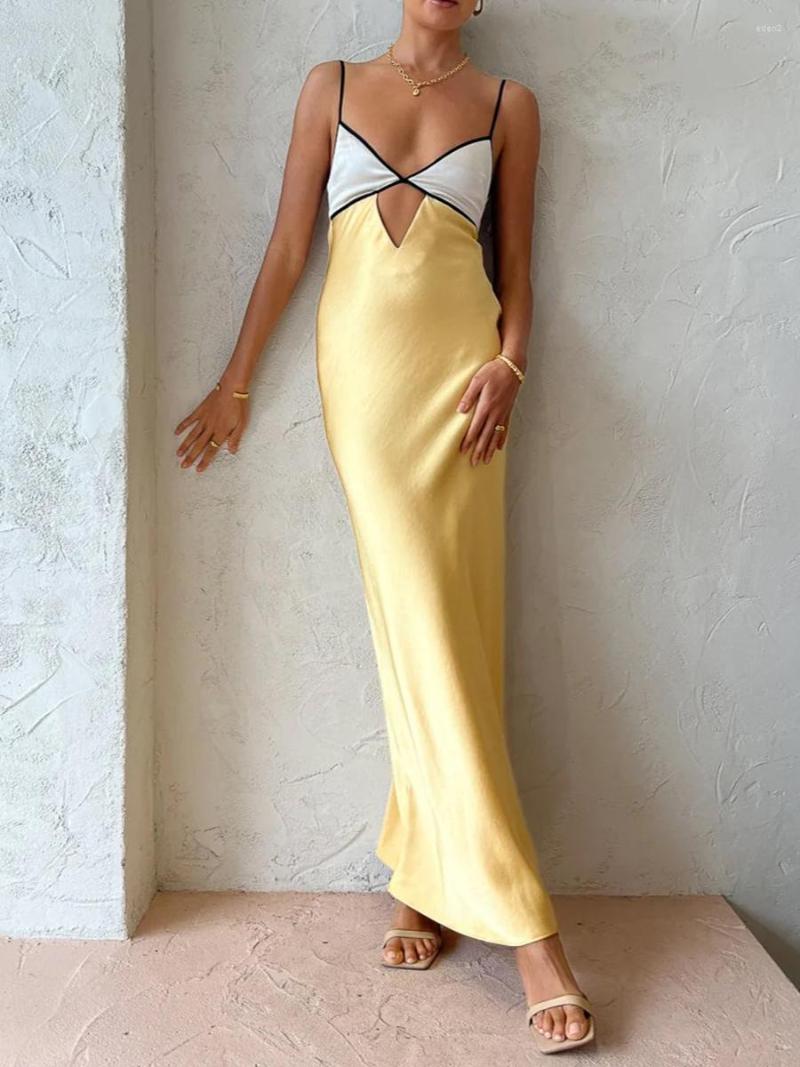 Casual Dresses Women' Summer Long Sling Dress Sleeveless Backless V Neck Contrast Color Cutout Hole Spaghetti Strap Satin Vestido, Yellow
Casual Dresses Women' Summer Long Sling Dress Sleeveless Backless V Neck Contrast Color Cutout Hole Spaghetti Strap Satin Vestido, Yellow